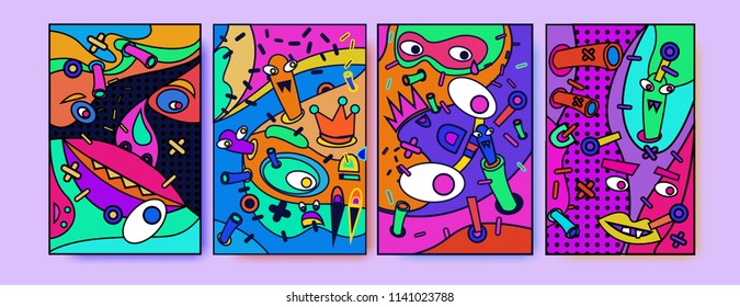 	
Abstract Colorful liquid and curvy covers set. Bubble shapes cartoon character composition. Trendy retro toys design. 