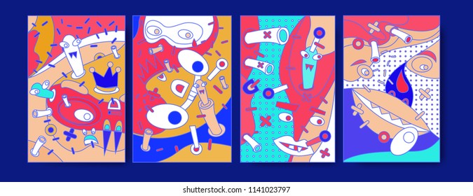 Abstract Colorful liquid and curvy covers set. Bubble shapes cartoon character composition. Trendy retro toys design. 