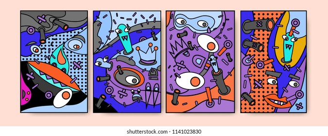 	
Abstract Colorful liquid and curvy covers set. Bubble shapes cartoon character composition. Trendy retro toys design. 