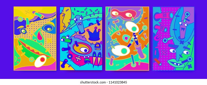 	
Abstract Colorful liquid and curvy covers set. Bubble shapes cartoon character composition. Trendy retro toys design. 