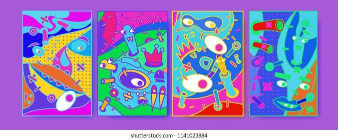 Abstract Colorful liquid and curvy covers set. Bubble shapes cartoon character composition. Trendy retro toys design. 