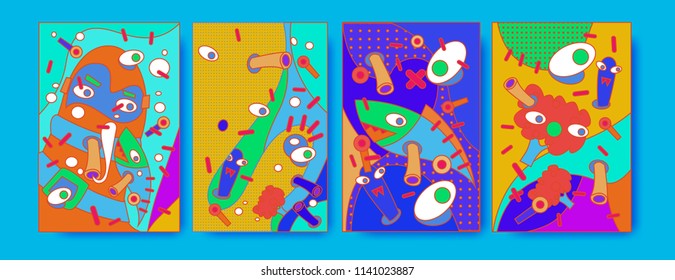 Abstract Colorful liquid and curvy covers set. Bubble shapes cartoon character composition. Trendy retro toys design. 