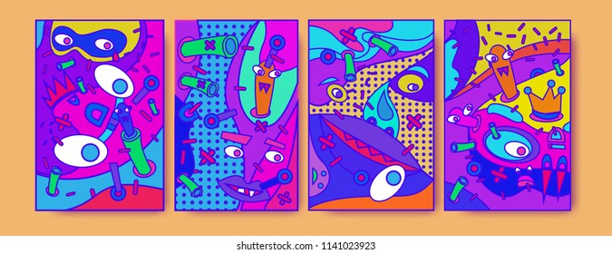 Abstract Colorful liquid and curvy covers set. Bubble shapes cartoon character composition. Trendy retro toys design. 