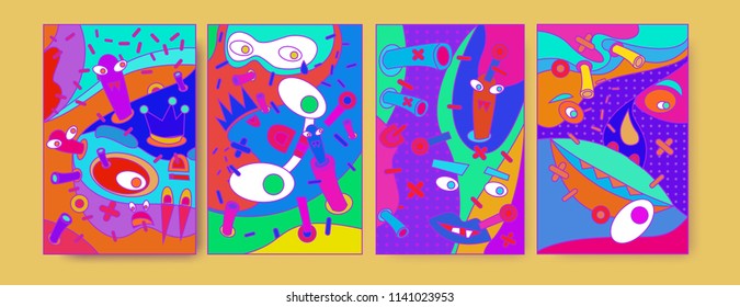 Abstract Colorful liquid and curvy covers set. Bubble shapes cartoon character composition. Trendy retro toys design. 