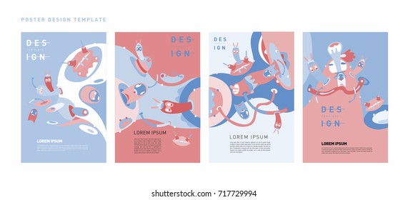 Abstract  Colorful liquid and curvy covers set. Bubble shapes cartoon character composition. Trendy retro toys design. 