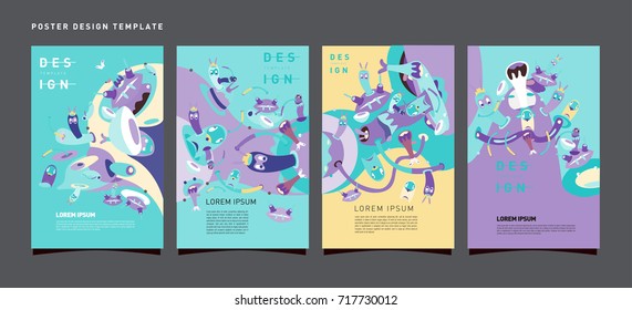 Abstract  Colorful liquid and curvy covers set. Bubble shapes cartoon character composition. Trendy retro toys design. 