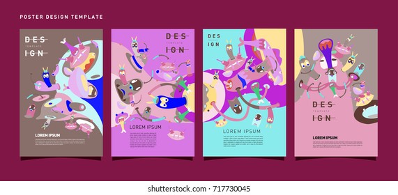 Abstract  Colorful liquid and curvy covers set. Bubble shapes cartoon character composition. Trendy retro toys design. 