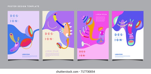 Abstract  Colorful liquid and curvy covers set. Bubble shapes cartoon character composition. Trendy retro toys design. 