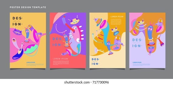 Abstract  Colorful liquid and curvy covers set. Bubble shapes cartoon character composition. Trendy retro toys design. 
