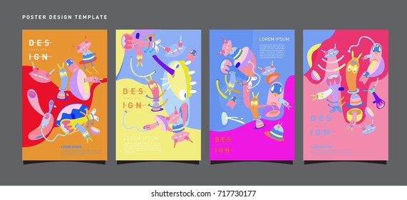 Abstract  Colorful liquid and curvy covers set. Bubble shapes cartoon character composition. Trendy retro toys design. 