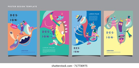 Abstract  Colorful liquid and curvy covers set. Bubble shapes cartoon character composition. Trendy retro toys design. 