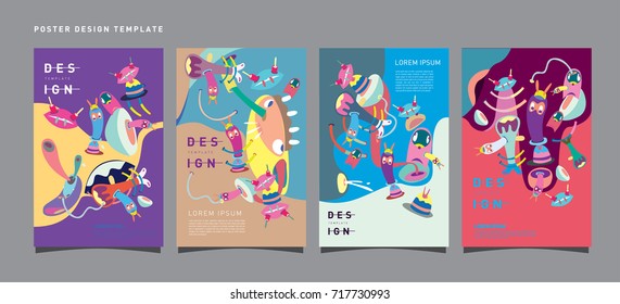 Abstract  Colorful liquid and curvy covers set. Bubble shapes cartoon character composition. Trendy retro toys design. 