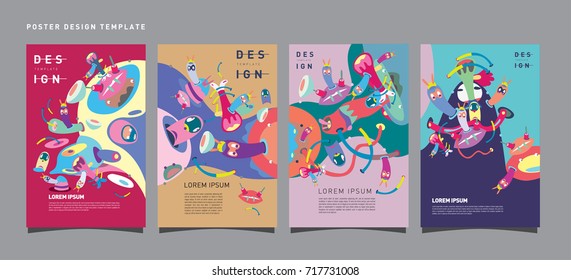 Abstract  Colorful liquid and curvy covers set. Bubble shapes cartoon character composition. Trendy retro toys design. 