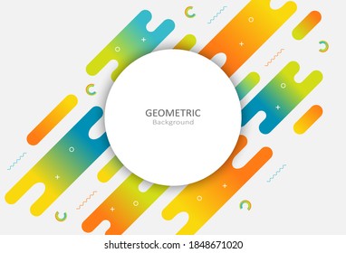 Abstract colorful liquid and fluid gradient shapes on white background. Geometric composition design with diagonal dynamic motion. Round shape of copy space for text. Vector Illustration.