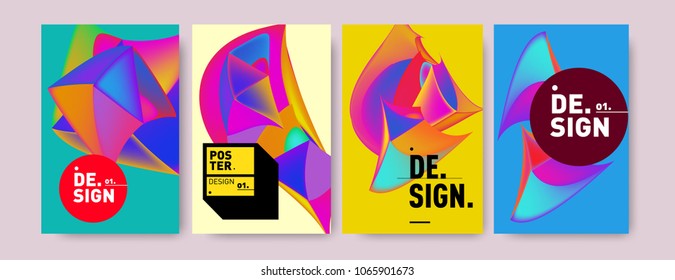 Abstract colorful liquid and geometric pattern background for poster design. Blue, yellow, red, orange, pink and green. Vector banner poster template in Eps10.