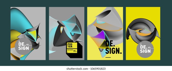 Abstract colorful liquid and geometric pattern background for poster design. Blue, yellow, red, orange, pink and green. Vector banner poster template in Eps10.