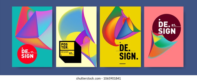 Abstract colorful liquid and geometric pattern background for poster design. Blue, yellow, red, orange, pink and green. Vector banner poster template in Eps10.