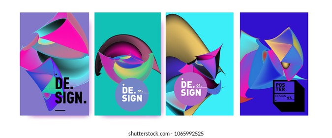 Abstract colorful liquid and geometric pattern background for poster design. Blue, yellow, red, orange, pink and green. Vector banner poster template in Eps10.