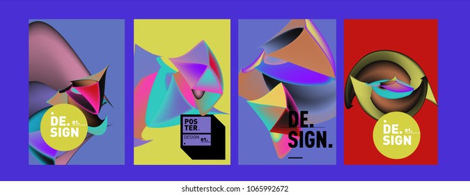 Abstract colorful liquid and geometric pattern background for poster design. Blue, yellow, red, orange, pink and green. Vector banner poster template in Eps10.