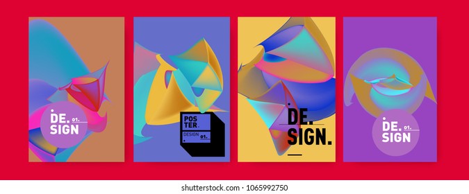 Abstract colorful liquid and geometric pattern background for poster design. Blue, yellow, red, orange, pink and green. Vector banner poster template in Eps10.
