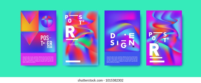 Abstract colorful liquid and holographic colors background for poster design. Blue, yellow, red, orange, pink and green. Vector banner poster template in Eps10.