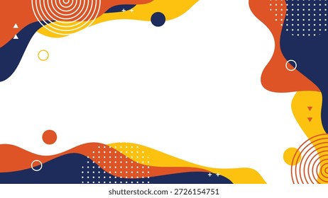 Fondo líquido colorido Abstractas de la onda con las Formas geométricas, Fondo de pantalla de Memphis, modelo circular moderno, Ilustración vectorial