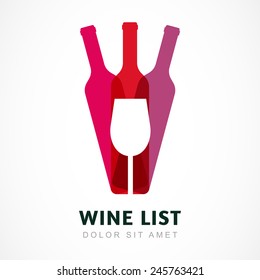 Abstract Colorful Logo Design Template. Wine Bottle And Glass Vector Icon. Concept For Bar Menu, Party, Alcohol Drinks, Celebration Holidays.