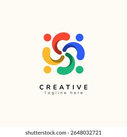 Abstract colorful logo of four people in spiral motion, symbolizing unity, teamwork, and diversity.