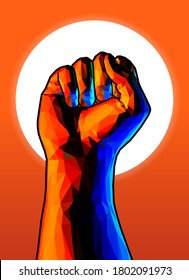 Abstract colorful low poly color hand fist gesture raised up from bottom camera view with orange and blue reflect lighting vector illustration isolated on sun light background