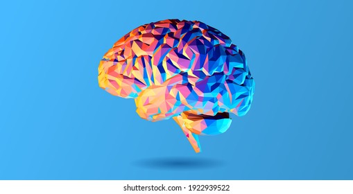 Abstract colorful low poly human brain side view with illuminated lighting vector illustration isolated on blue background