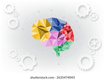 Abstractas colorido bajo polígono de polietileno cerebral y engranaje sobre fondo blanco. Ilustración vectorial.