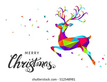 Abstract colorful low poly triangle Xmas deer isolated on white background. Christmas and New Year reindeer. Vector illustration with  lettering and wild animal in origami style.