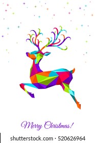 Abstract colorful low poly triangle Christmas  deer on white background. Xmas jump reindeer. Vector illustration with wild animal in origami style.