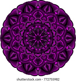 Abstract colorful mandala pattern. Stylized floral doodle vector design element in purple and violet colors for web, textile, coloring book page, fabric print.