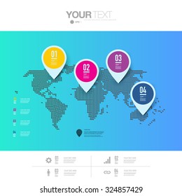 Abstract colorful map pin icon design with shadows on minimal world map background 
Eps 10 stock vector illustration 