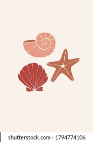 Abstract colorful marine vector poster. Contemporary art in terracotta colors. seashells and starfish in modern style. Summer vibes. Perfect for print, poster, social media, cards