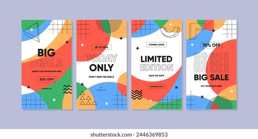 Abstract Colorful Memphis Background. Trendy geometric abstract template for social media post or advertisement. Sale banner template design, Super sale special offer set.