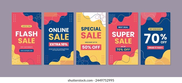 Abstract Colorful Memphis Background. Trendy geometric abstract template for social media post or advertisement. Sale banner template design, Super sale special offer set.