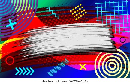Resumo colorido memphis geométrico Fundo com Grunge Scratch Brush. Traçado de pincel e Ilustração de mênfis para Plano de Fundo de Banner, Pôster ou Evento Esportivo. Elementos de rascunho e mênfis para design