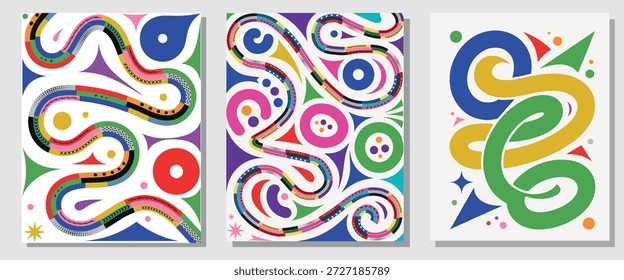Abstrato colorido memphis padrão fundo conjunto com fitas geométricas sinuosas