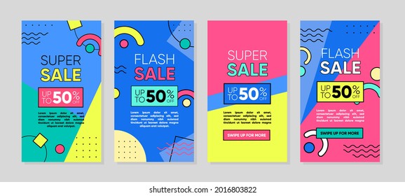 Abstract Colorful Memphis Square Background. Trendy geometric abstract template for social media post or advertisement.