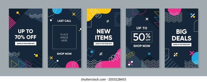 Abstract Colorful Memphis Square Background. Trendy geometric abstract template for social media post or advertisement.