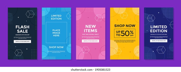 Abstract Colorful Memphis Stories Background. Trendy geometric abstract template for social media post or advertisement.