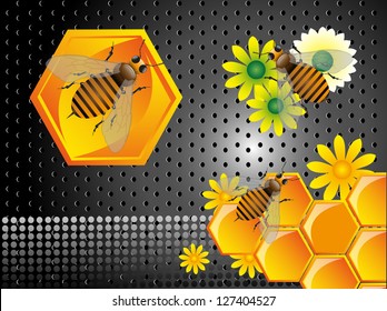 Abstract colorful metallic background with bees, flowers and honeycomb cells