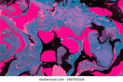 Abstract colorful minimal artistic neon vector background. Turkish Paper Marbling or Ebru Technique. Beautiful marbled texture in pink, blue and black colors for poster, print or cover design.