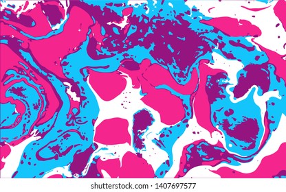 Abstract colorful minimal artistic neon vector background. Turkish Paper Marbling or Ebru Art Technique. Beautiful marbled texture in pink, blue and white colors for poster, print or cover design.