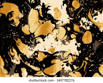 Abstract colorful minimal artistic neon vector background. Turkish Paper Marbling or Ebru Art Technique. Beautiful marbled texture in golden and black colors for poster, print or cover design.