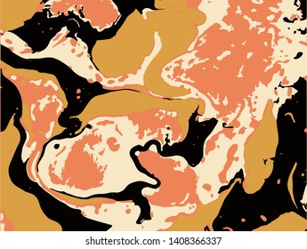 Abstract colorful minimal artistic neon vector background. Turkish Paper Marbling or Ebru Art Technique. Beautiful marbled texture in gold and black colors for poster, print or cover design.