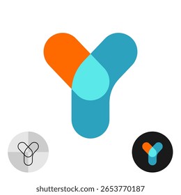 Abstrato logotipo de sobreposição minimalista colorido com braço triplo. Letra Y ícone de símbolo estilizado. Elementos de curva arredondada com efeito de transparência