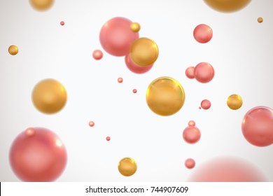 Abstract colorful molecular particles. Vector illustration of chaotic flowing pink and golden spheres. Biochemistry or pharmaceutical concept